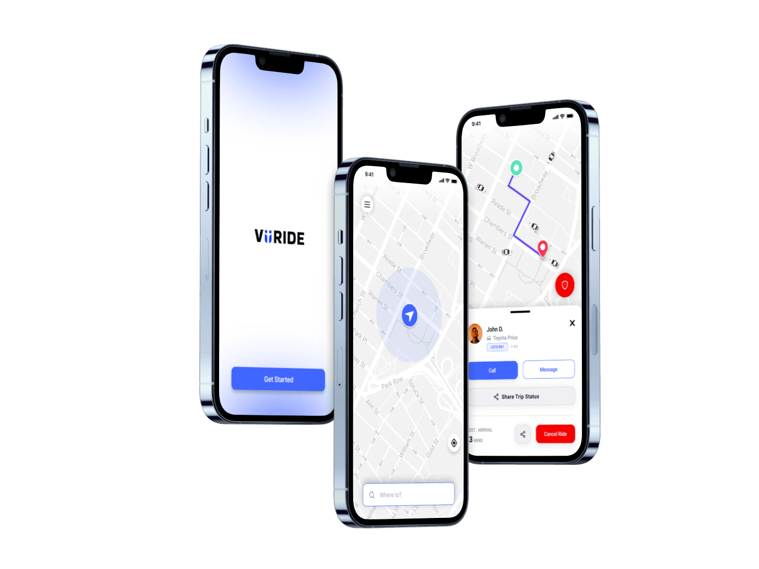 The ViiRide mobile app shown across three iPhone screens — splash, live map and driver offer